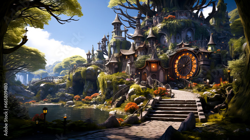 Halloween castle with a pond in the fantasy forest. A fairy tale forest wooden house covered with moss, on a sunny forest glade. Generative AI technology.