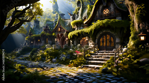 Halloween castle with a pond in the fantasy forest. A fairy tale forest wooden house covered with moss  on a sunny forest glade. Generative AI technology.