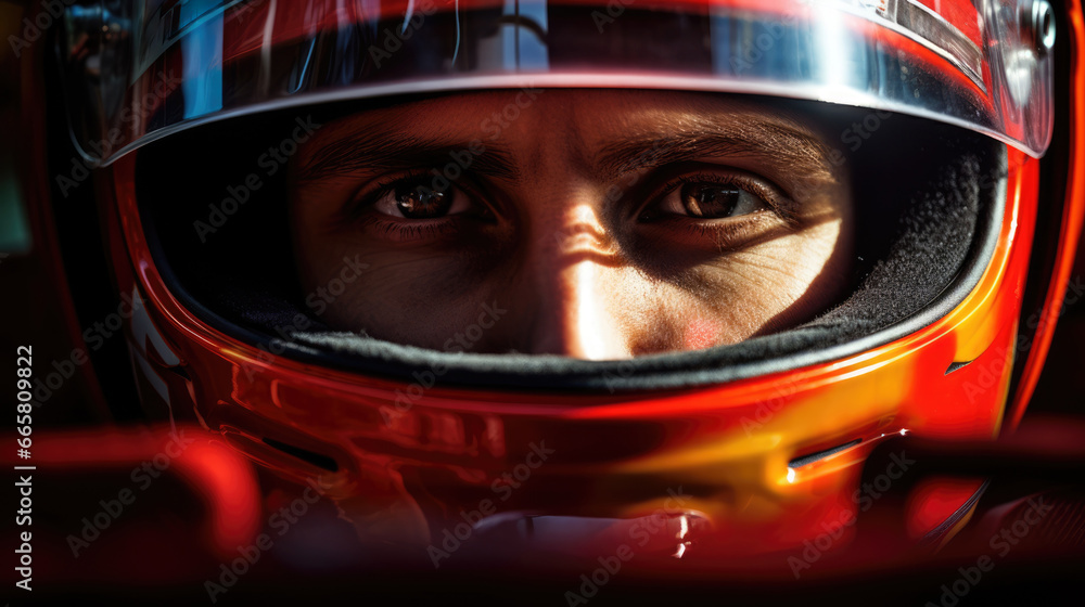 Driver focusing before race. Extreme close up of racing car driver wearing helmet