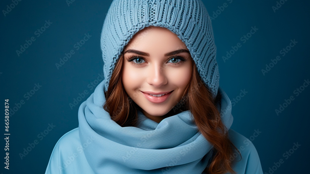 young beautiful woman in knitted scarf and scarf. young beautiful woman in knitted scarf and scarf.
