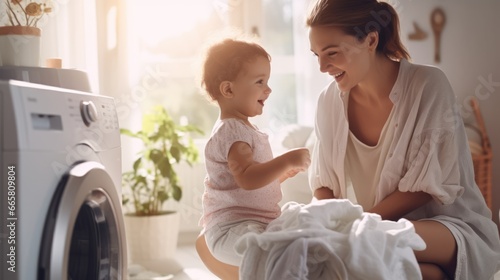 Happy smiling young caucasian woman with her boy child doing the laundry photo