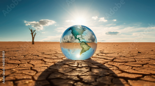 Drought and climate crisis. Planet earth sphere in the middle of dry dessert land