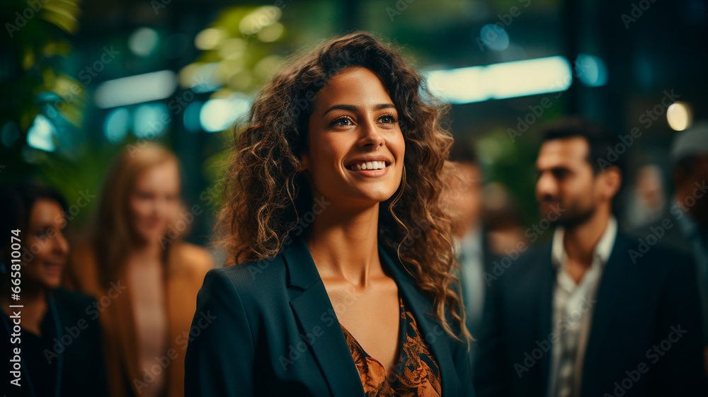 young woman in a suit with a claclading in the background young woman in a suit with a claclading in the background