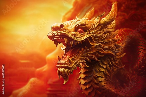 Golden Chinese Dragon on red background. The year of the Dragon in China and Eastern Asia. One of the Chinese zodiac signs. New Year of the Dragon 2024