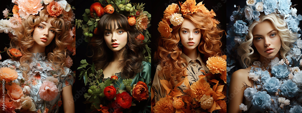 Collage withe portraits of young women dressed up in four seasons ...