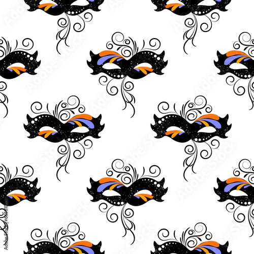 Seamless pattern, elegant masquerade carnival masks on a white background. Mardi Gras, Purim background. Print, elegant design, vector