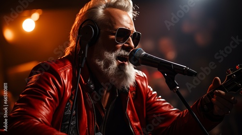 A man with a white beard sings into a microphone against the backdrop of a red neon glow, performing a festive karaoke song. Festive atmosphere of New Year and Christmas.