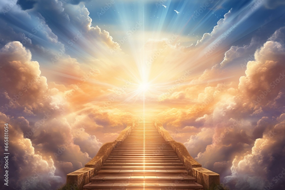 Illustration of a path to the horizon, an endless road to heaven with a glowing light from the eternal horizon. Represents an adventurous journey to an unknown place. Generative AI - obrazy, fototapety, plakaty 