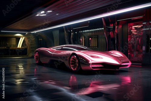 A sleek vehicle in a dimly lit garage featuring a floor reflection and a vibrant neon light, exuding a retrofuturistic vibe. Generative AI © Evander