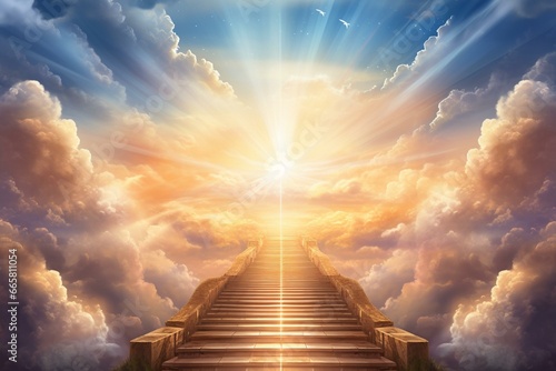 Illustration of a path to the horizon, an endless road to heaven with a glowing light from the eternal horizon. Represents an adventurous journey to an unknown place. Generative AI photo