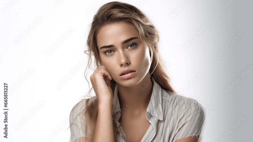 Portrait of beautiful young woman with makeup in fashion clothes on white background Portrait of beautiful young woman with makeup in fashion clothes on white background