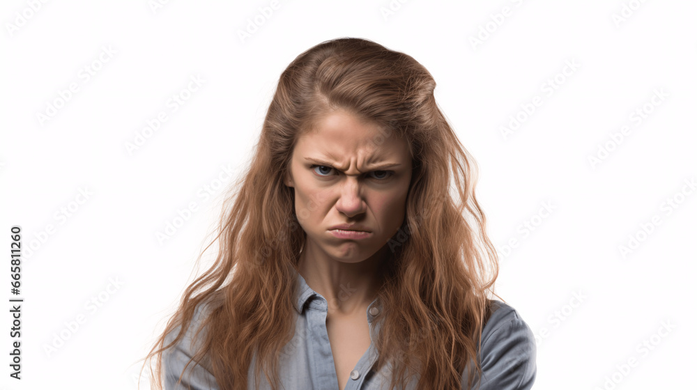 frustrated young woman with long hair looking at camera isolated on white frustrated young woman with long hair looking at camera isolated on white
