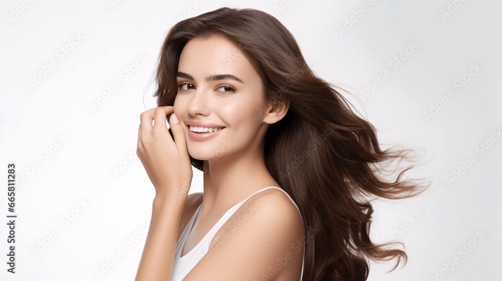 Beautiful young woman with clean fresh skin on white background, face and hair care concept Beautiful young woman with clean fresh skin on white background, face and hair care concept