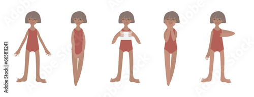 Five tanned European girls in swimsuits. Calm standing poses: thumbs up, piece of paper in hands. Tanned skin and blond hair. Vector illustration in flat style