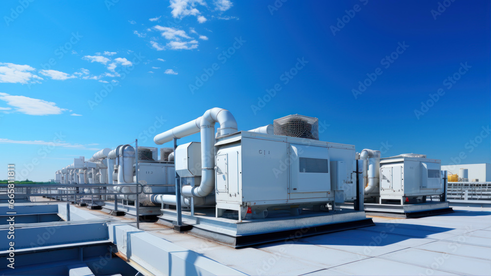 Industrial air conditioner on the roof of the building. - obrazy, fototapety, plakaty 