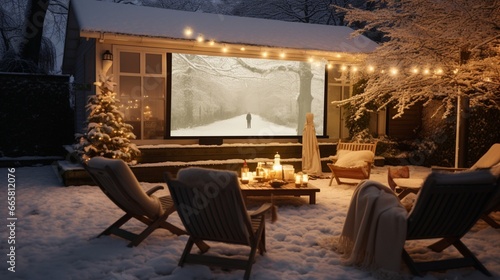 Backyard transformed into an outdoor winter cinema with a large screen and blankets.