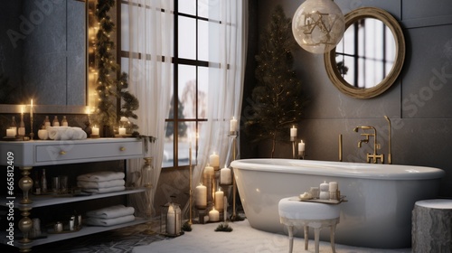Chic bathroom with a modern holiday aesthetic, featuring geometric patterns, metallic accents, and scented candles. photo