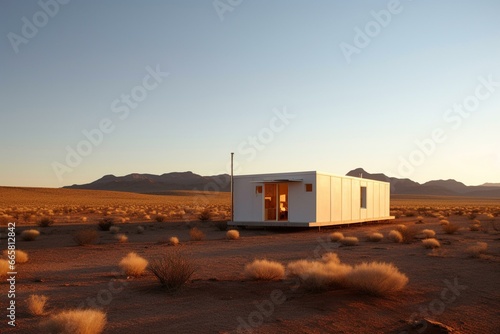 A bright minimalist shelter in an arid landscape. Generative AI