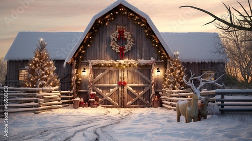 Country barn aglow with golden lights  featuring handcrafted wooden reindeer in the snow.