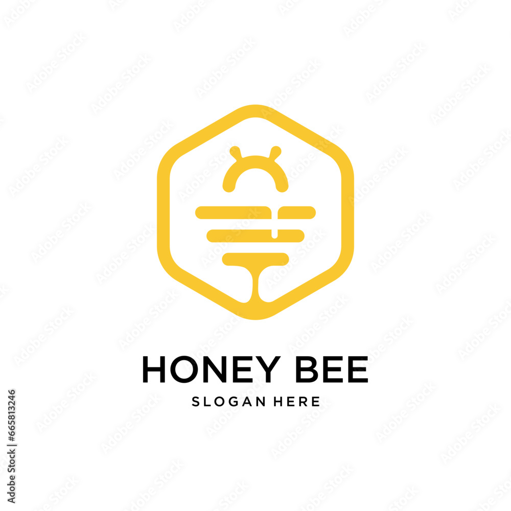 honey bee with hexagon logo design template - obrazy, fototapety, plakaty 