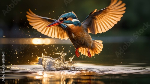 Female Kingfisher emerging from the water after an unsuccessful dive to grab a fish.  photo