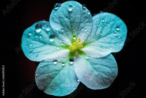 An abstract close-up of a two-colored blossom, featuring a combination of blue and white petals, photographed against a black background, creating a visually intriguing and harmonious imag