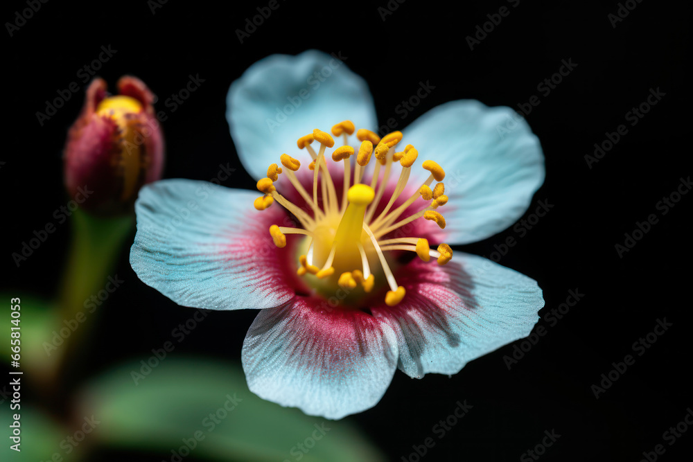 An abstract close-up of a four-colored blossom, with a combination of pink, blue, yellow, and white petals, photographed against a black background, resulting in an intriguing and visually captivating An abstract close-up of a four-colored blossom, with a combination of pink, blue, yellow, and white petals, photographed against a black background, resulting in an intriguing and visually captivating