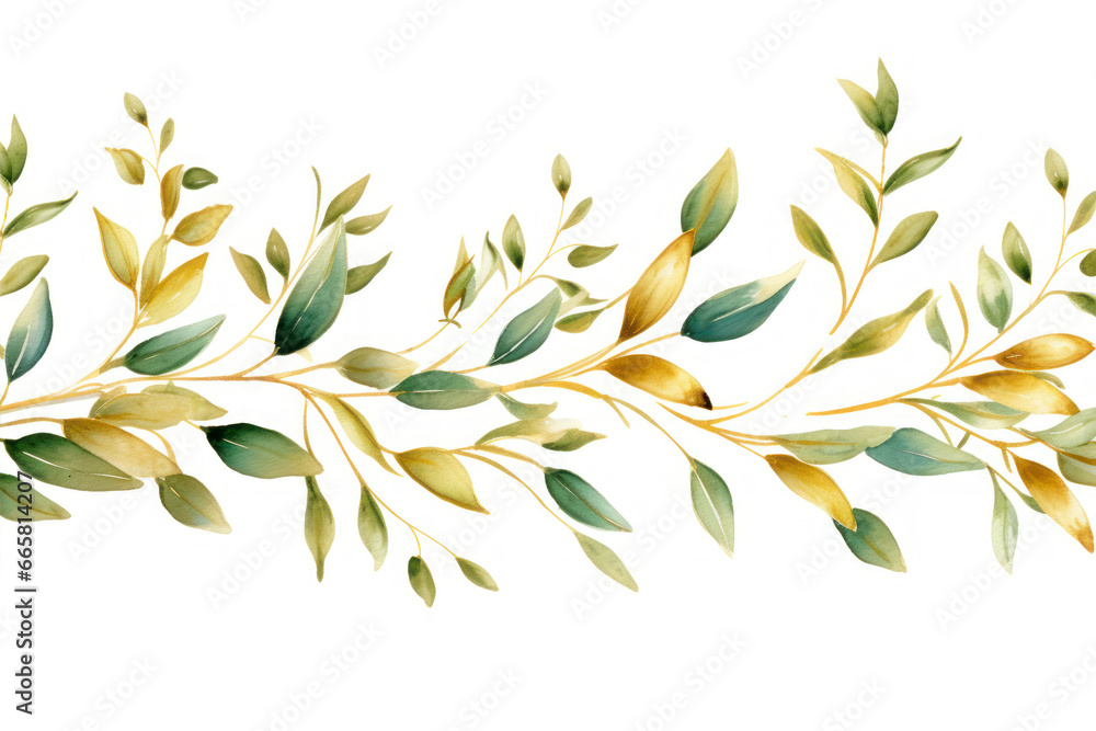 Watercolor seamless border with green branches and leaves. Hand drawn illustration.