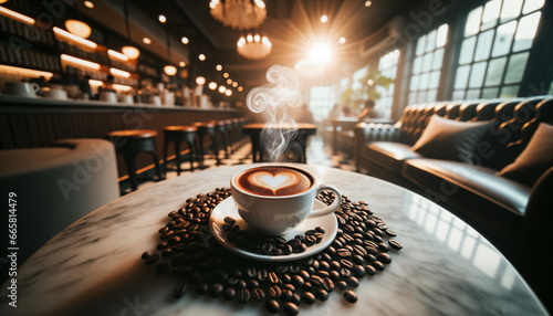 photo of cup of coffe with heat shaped like heart near coffee beans in bar photo