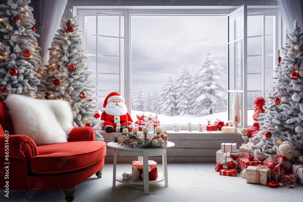 Obraz premium Christmas interior with red sofa, Christmas tree and gifts. Selective focus