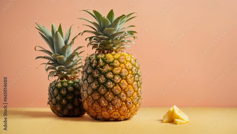 AI generated illustration of ripe pineapples against a pastel peach-colored background AI generated illustration of ripe pineapples against a pastel peach-colored background