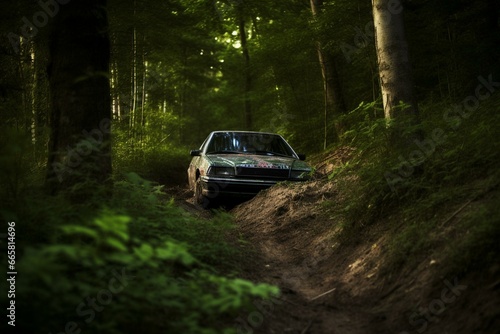 Car drifting through the woods. Generative AI