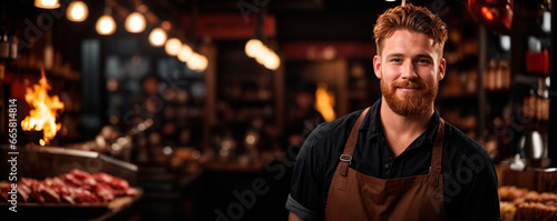 Red-haired butcher man smiling in dark environment and meat on the table.