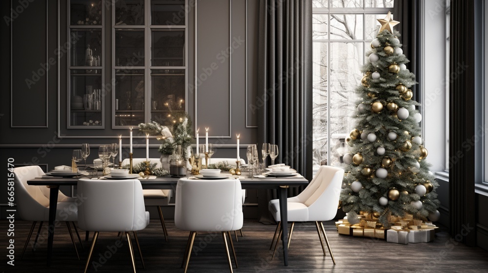 Stylish dining room featuring a contemporary Christmas table setting with metallic accents and minimalistic decor.