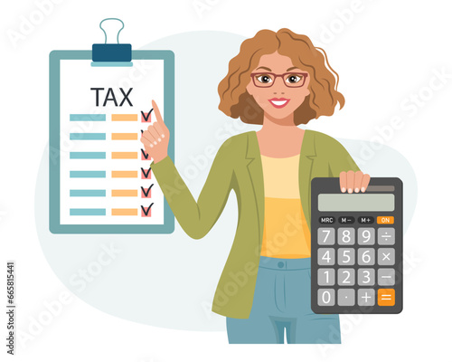 Woman with calculator and tax form. Tax payment concept. Financial tax accounting, audit or accounting services. Cartoon illustration. Vector