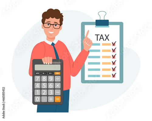 Man with calculator and tax form. Tax payment concept. Financial tax accounting, audit or accounting services. Cartoon illustration. Vector