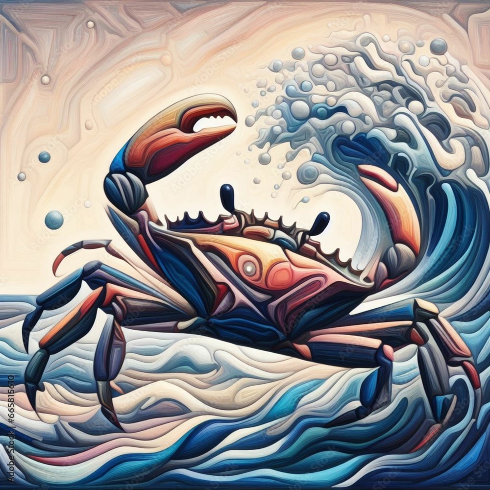 AI generated illustration of an artistic mosaic of a crab in the sea