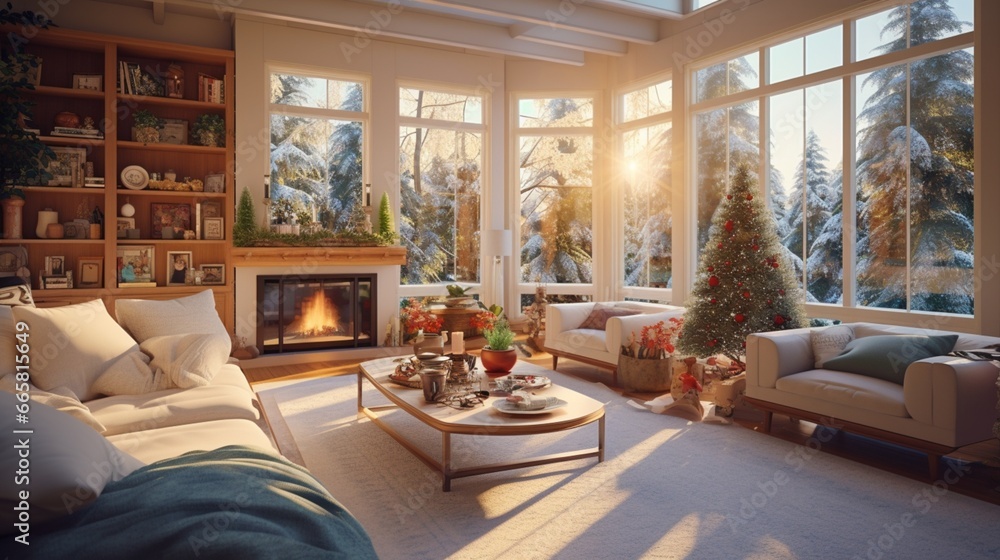Sun-drenched living room with panoramic windows showcasing outdoor holiday lights and decorations. Sun-drenched living room with panoramic windows showcasing outdoor holiday lights and decorations.