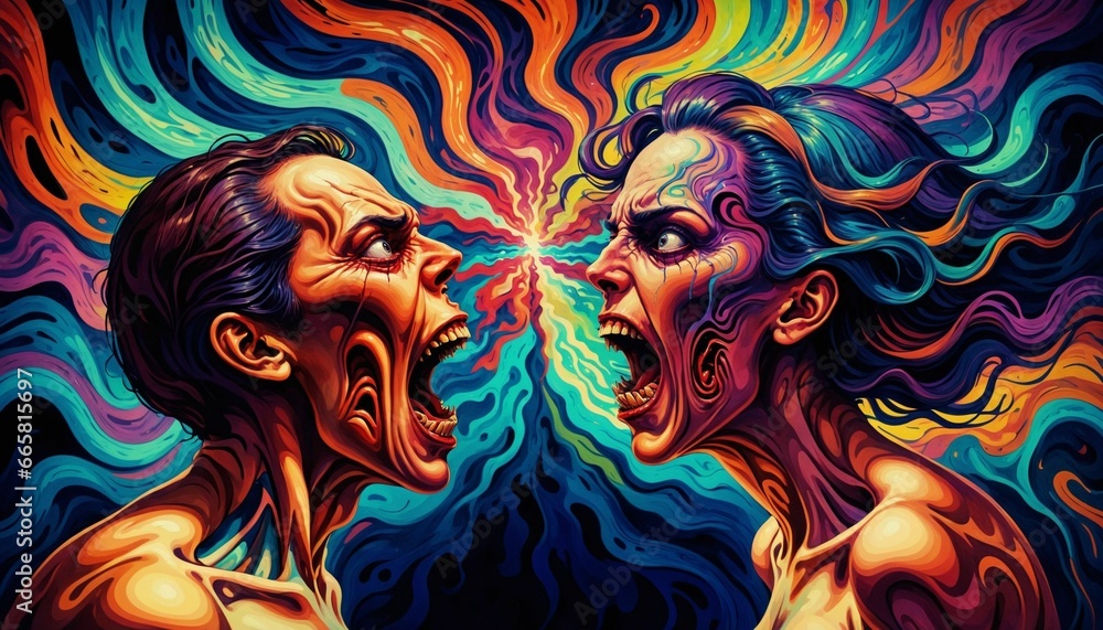 AI generated illustration of two people screaming on each other in a surreal atmosphere