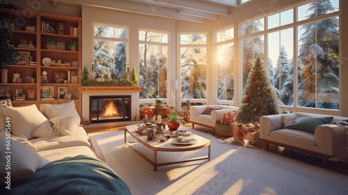 Sun-drenched living room with panoramic windows showcasing outdoor holiday lights and decorations.