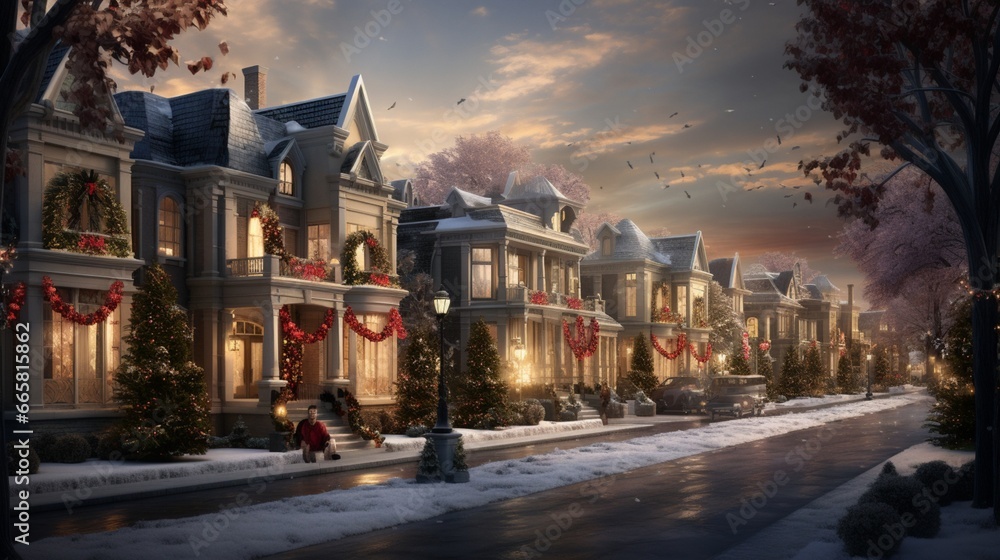 Townhouses illuminated with unique festive light arrangements, creating a holiday symphony.
