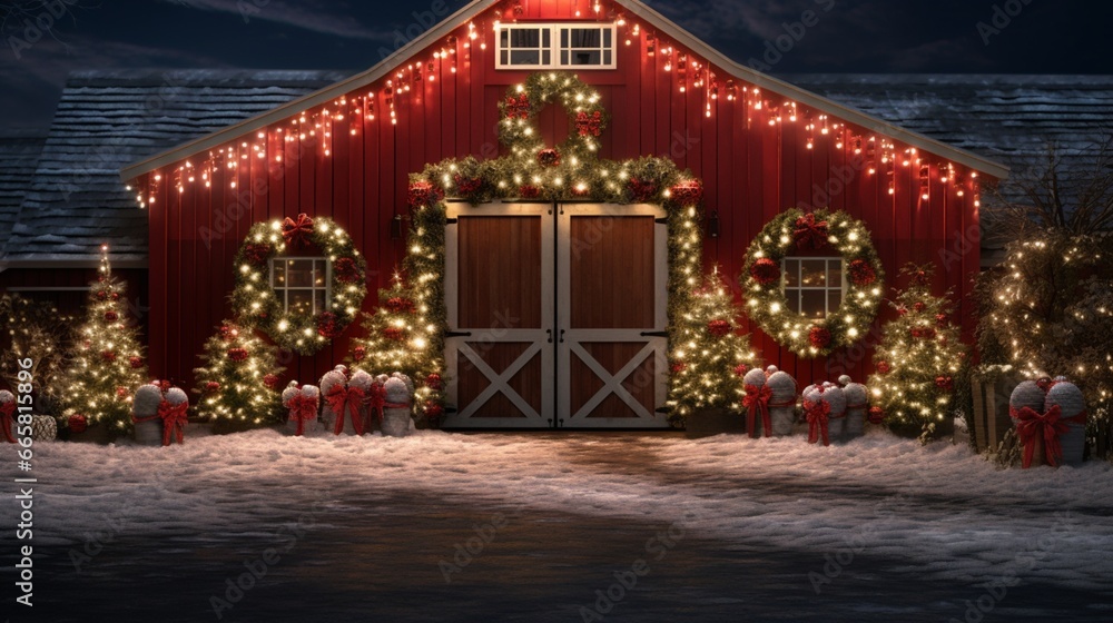 Traditional red barn adorned with strings of white lights and a massive wreath.