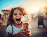 Happy young adorable girl kid eating ice cream on cone.
