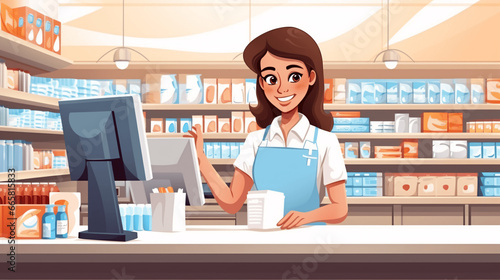 Female pharmacist at counter in drugstore. Vector illustration in cartoon style
