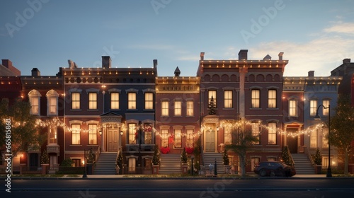 Townhouses illuminated with unique festive light arrangements, creating a holiday symphony. photo