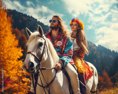Romantic scene in autumn forest with hipster style couple riding white horse in nature.