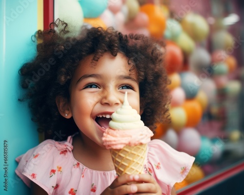 A small girl happy face enjoys eating ice cream. Summer composition with adorable little kid  smiling face.