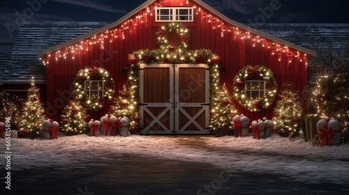 Traditional red barn adorned with strings of white lights and a massive wreath.