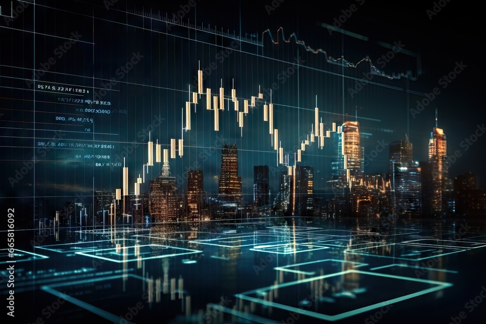 Glowing big data forex candlestick chart on blurry city background. Financial graph diagram. Currency and financial investment trade. Technology and analysis concept. Abstract cryptocurrency banner - obrazy, fototapety, plakaty 