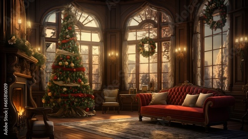 Victorian mansion with a glowing Christmas tree visible through bay windows. © ZUBI CREATIONS